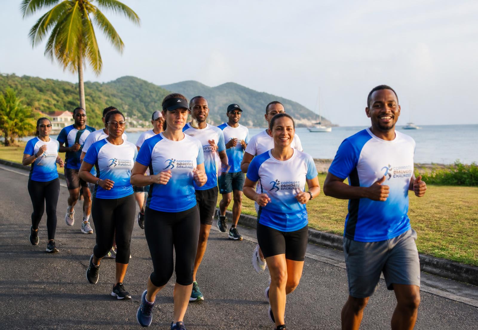 A corporate team in matching shirts running together along the Antigua coast