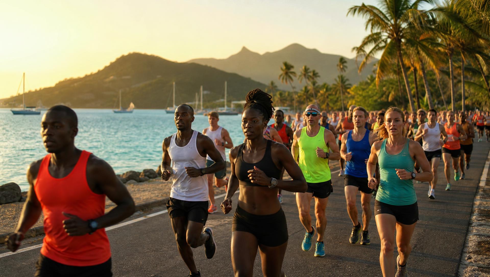 Runners racing along the Antigua and Barbuda coastline at sunrise during Run Antigua